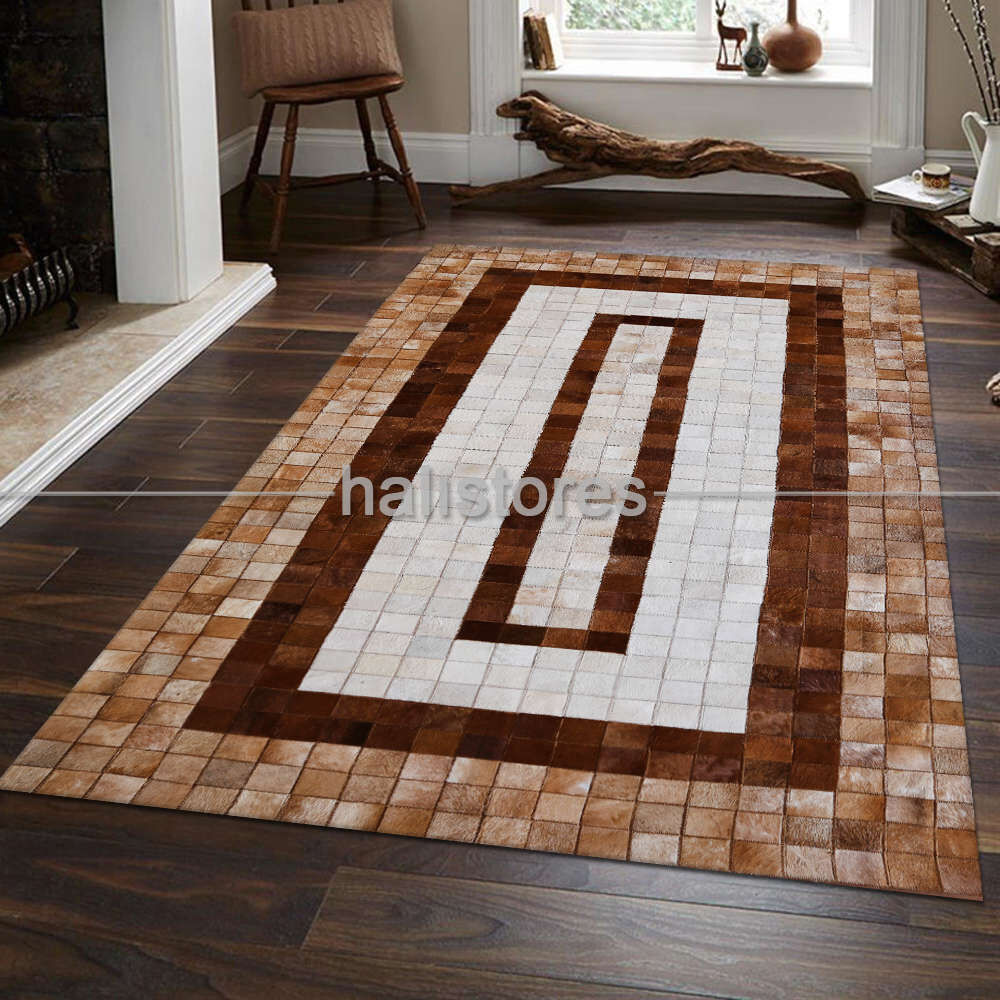 Açık Kahve-Krem Deri Patchwork Halı
