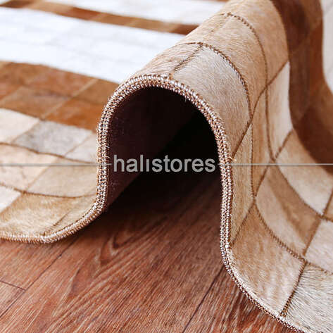 Açık Kahve-Krem Deri Patchwork Halı - 4