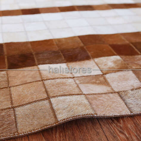 Açık Kahve-Krem Deri Patchwork Halı - 5