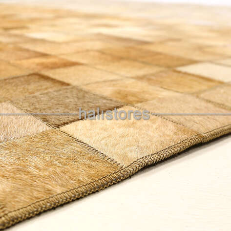Açık Kahve-Krem Geçişli Deri Patchwork Halı - 4