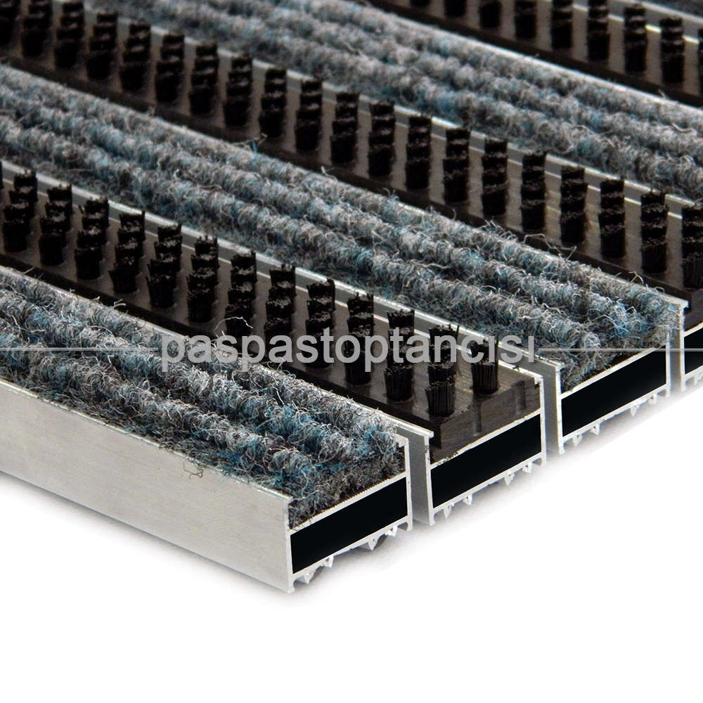 Alüminyum Metal Paspas Halı Fitilli ve Plastik Fırçalı Gri