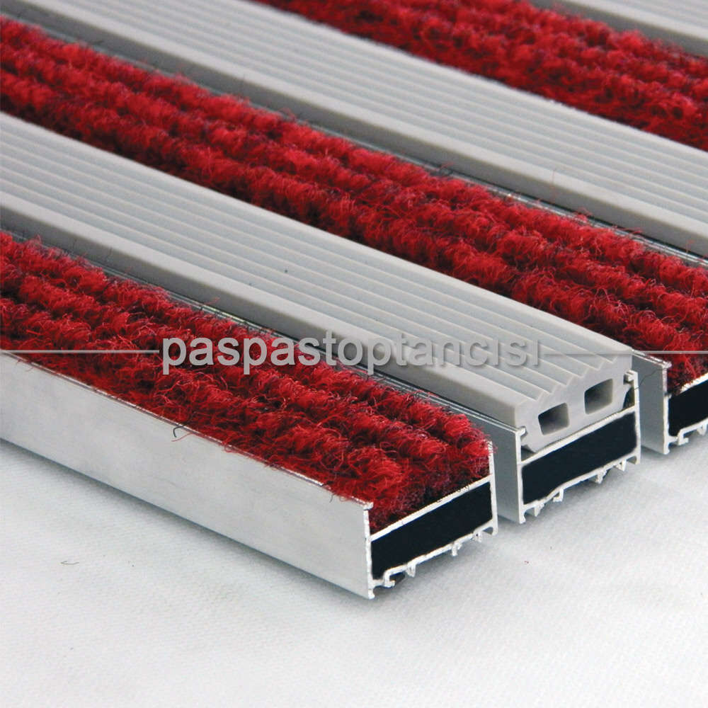 Alüminyum Metal Paspas Halı ve Lastik Fitilli Gri - Kırmızı
