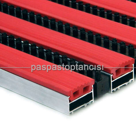 Alüminyum Metal Paspas Lastik Fitilli ve İnce Fırçalı Siyah - Kırmızı - 1