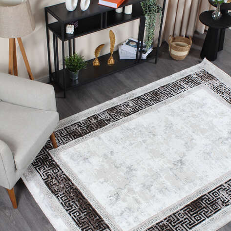 Armony 03649A Siyah Klasik Çerçeveli Saçaklı Salon Halısı - 2