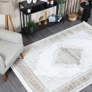 Armony 03890A Bej Klasik Göbekli Saçaklı Salon Halısı (1)