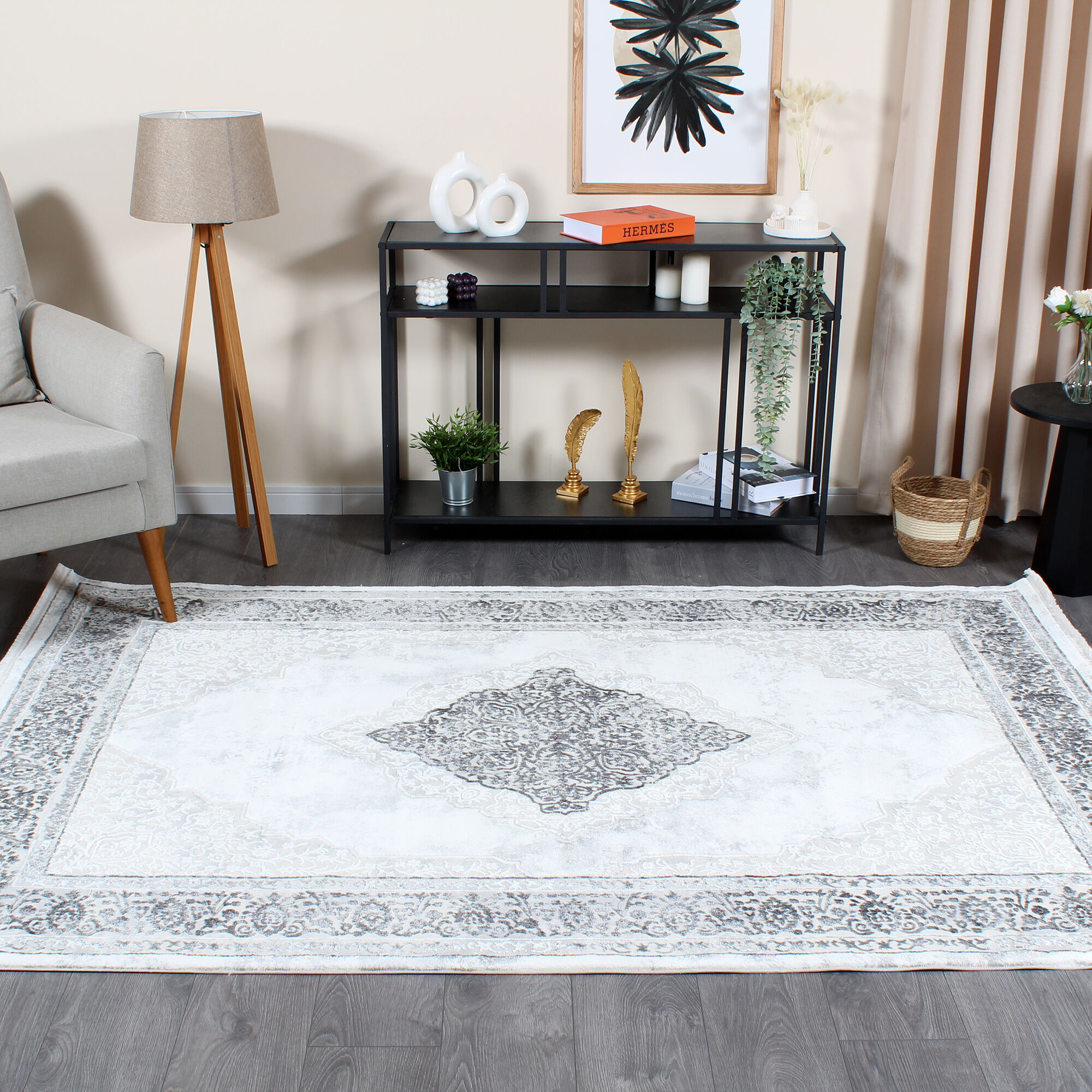 Armony 03890A Gri Klasik Göbekli Saçaklı Salon Halısı