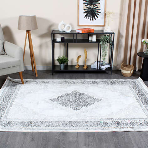 Armony 03890A Gri Klasik Göbekli Saçaklı Salon Halısı - 1