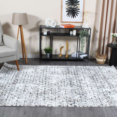 Armony 04023A Beyaz Modern Geometrik Desenli Saçaklı Salon Halısı - 1