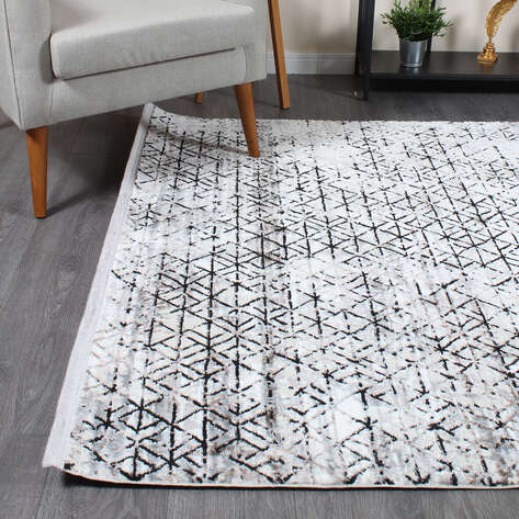 Armony 04023A Beyaz Modern Geometrik Desenli Saçaklı Salon Halısı - 3