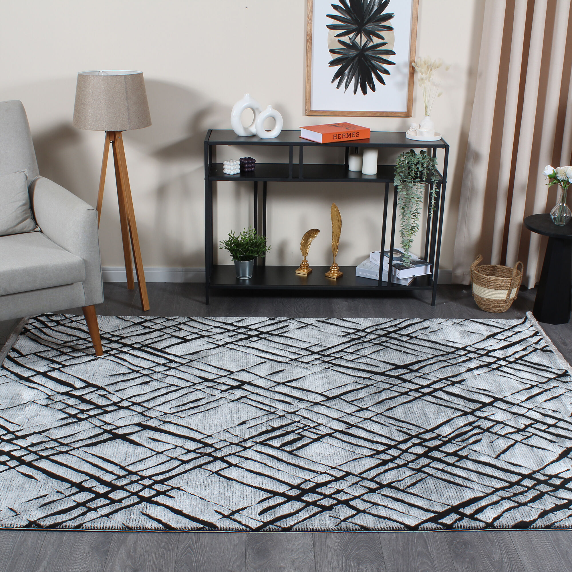 Armony 04068C Gri Modern Geometrik Desenli Saçaklı Salon Halısı