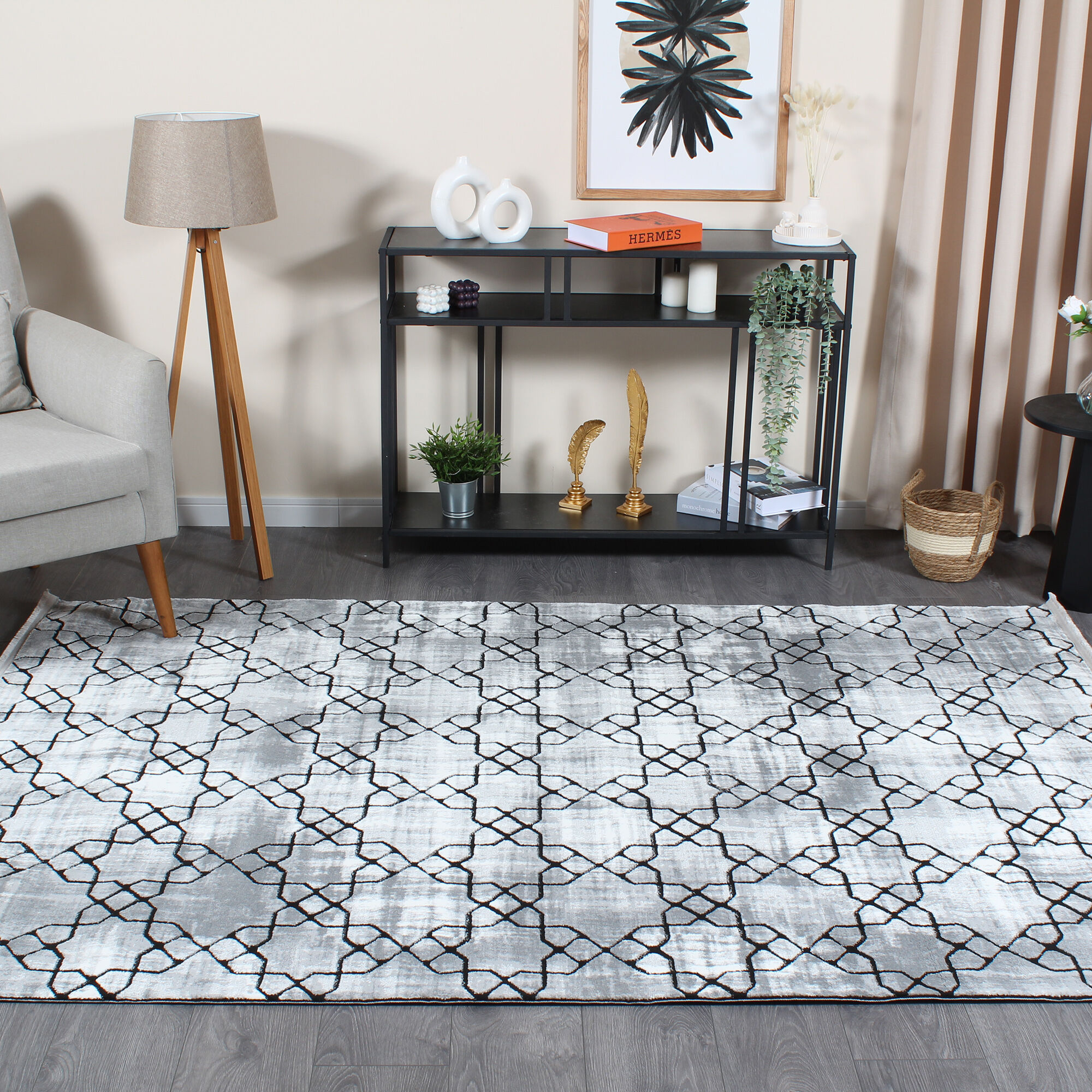Armony 02848B Siyah Modern Geometrik Desenli Saçaklı Salon Halısı