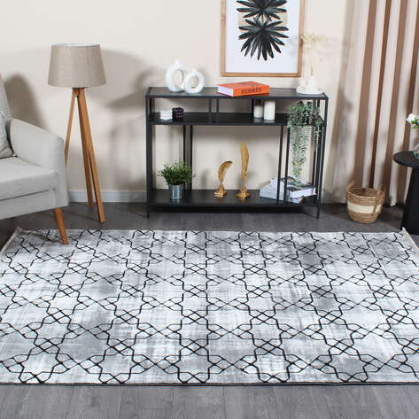 Armony 02848B Siyah Modern Geometrik Desenli Saçaklı Salon Halısı - 1