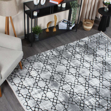Armony 02848B Siyah Modern Geometrik Desenli Saçaklı Salon Halısı - 2