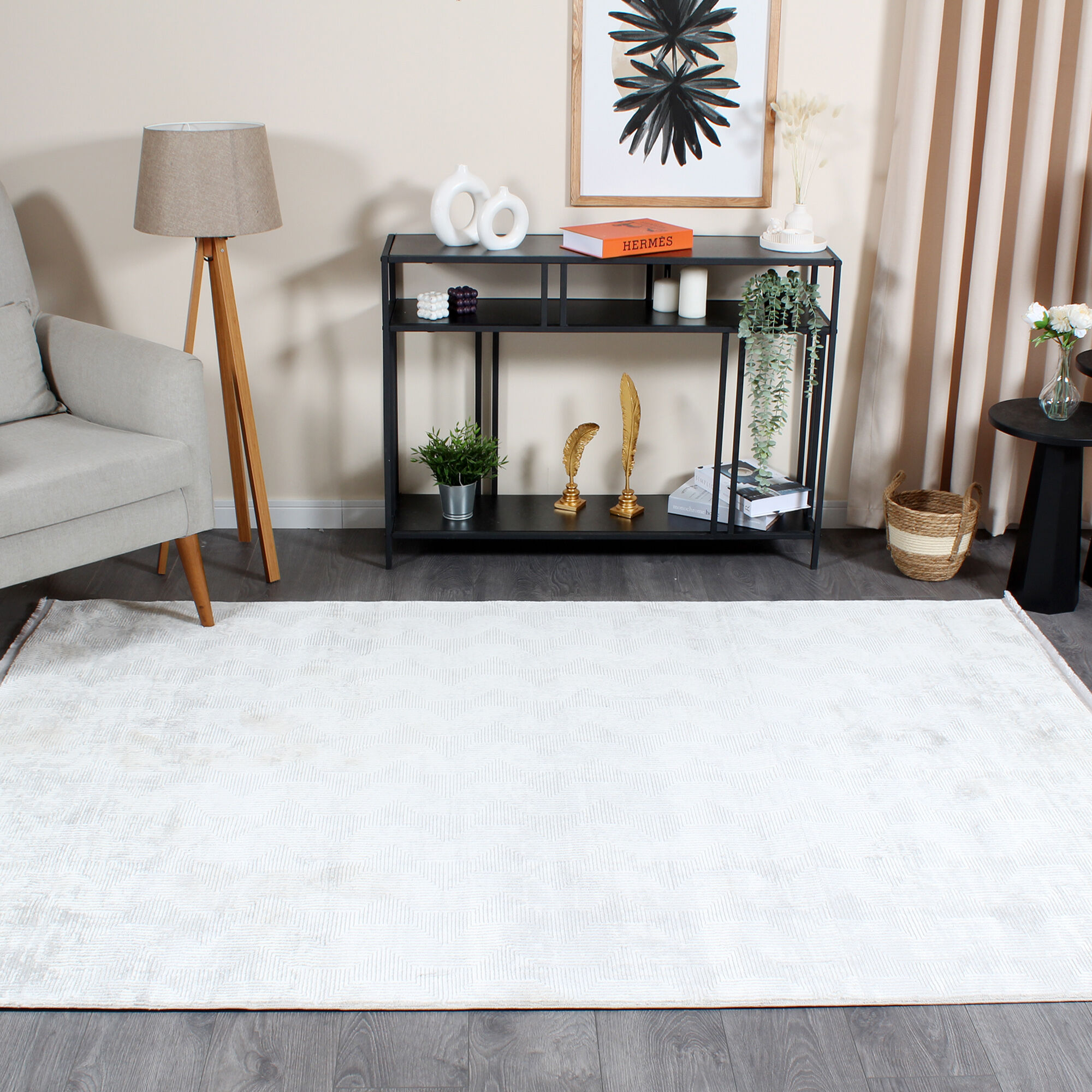 Armony 4569 Beyaz Modern Sade Saçaklı Salon Halısı