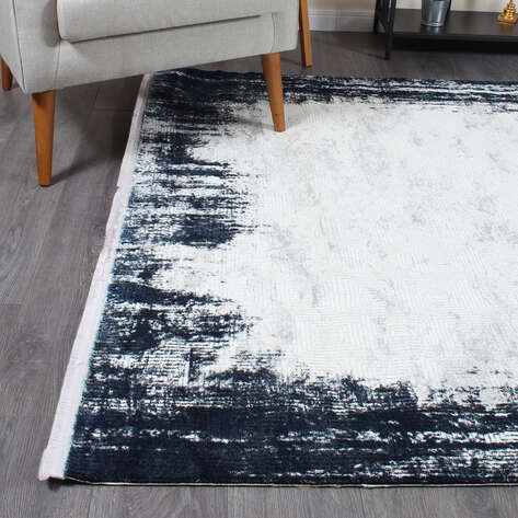 Armony 04629A Mavi Modern Mermer Deseni Efektli Krem Saçaklı Salon Halısı - 3