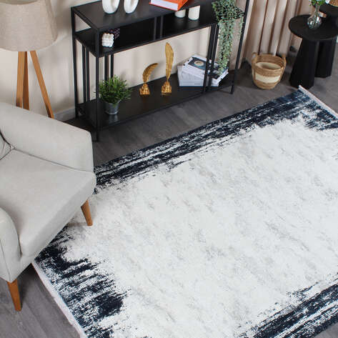 Armony 04629A Mavi Modern Mermer Deseni Efektli Krem Saçaklı Salon Halısı - 2