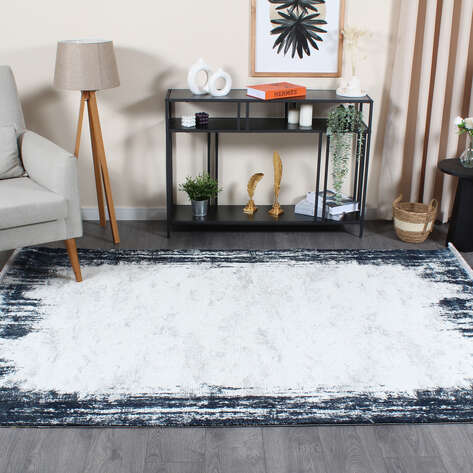 Armony 04629A Mavi Modern Mermer Deseni Efektli Krem Saçaklı Salon Halısı - 1