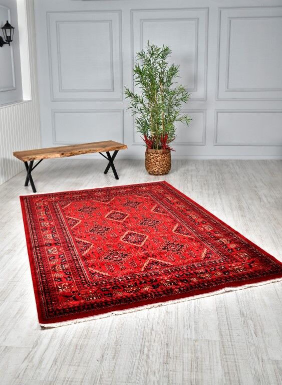 %100 Bambu Özel Tezgah Halısı Kırmızı Afgan 902