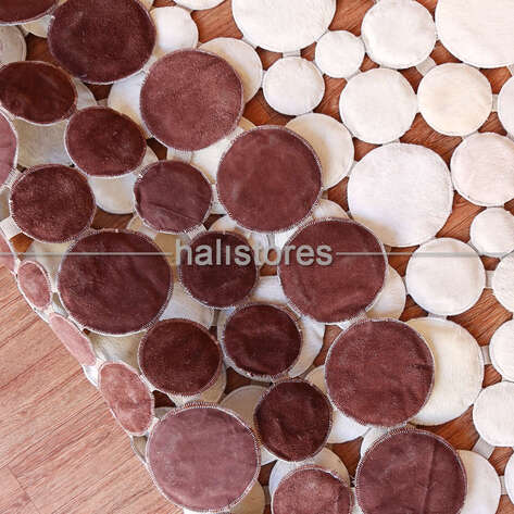 Beyaz Yuvarlak Deri Patchwork Halı - 6