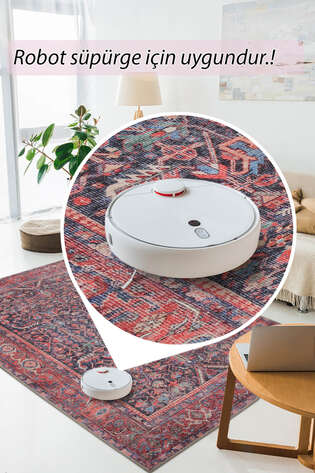 Eskitme Vintage Desenli Dokuma Taban Dekoratif Kırmızı Halı HS 354 - 5