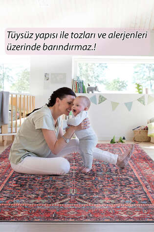 Eskitme Vintage Desenli Dokuma Taban Dekoratif Kırmızı Halı HS 354 - 7