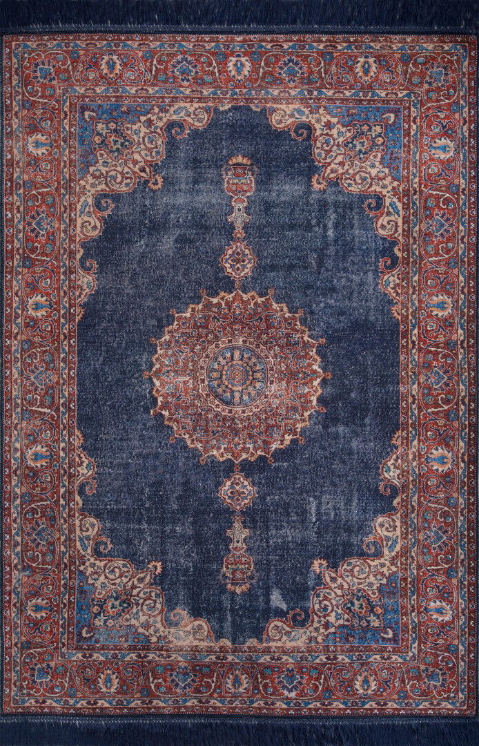 Eskitme Vintage Desenli Dokuma Taban Dekoratif Lacivert Halı HS 87