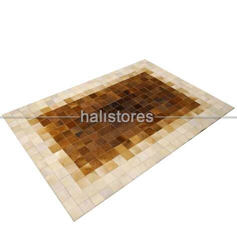 Deri Krem-Kahve Patchwork Halı - 3