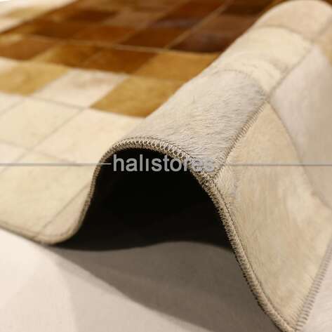 Deri Krem-Kahve Patchwork Halı - 4