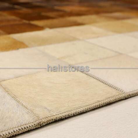 Deri Krem-Kahve Patchwork Halı - 5
