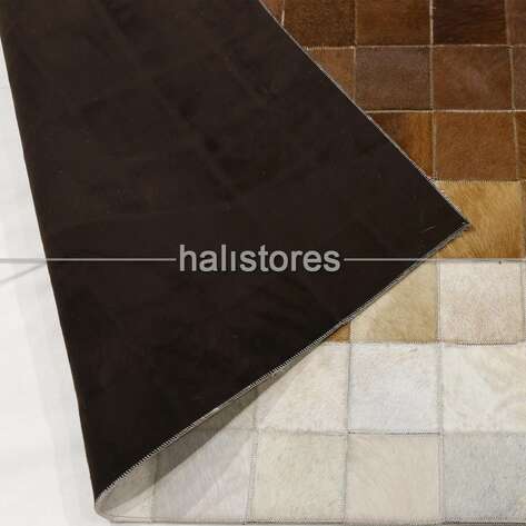 Deri Krem-Kahve Patchwork Halı - 6