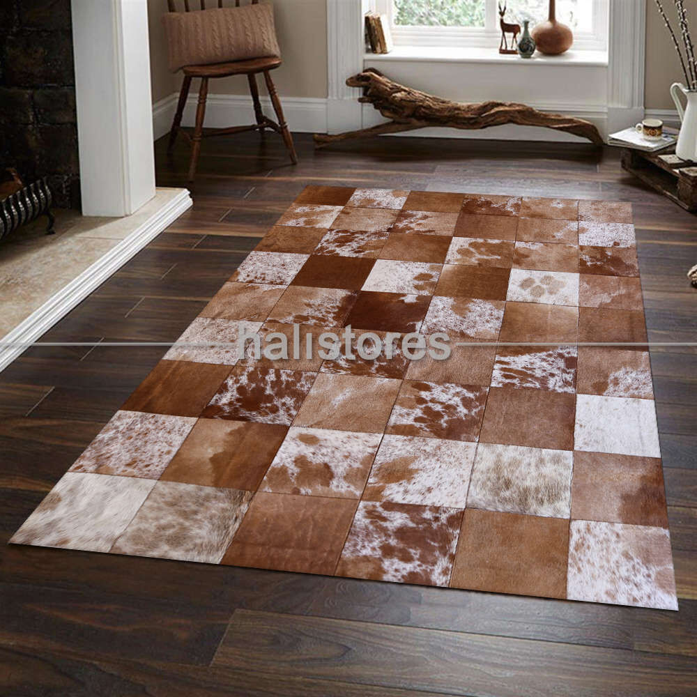 Deri Patchwork Halı Açık Kahve