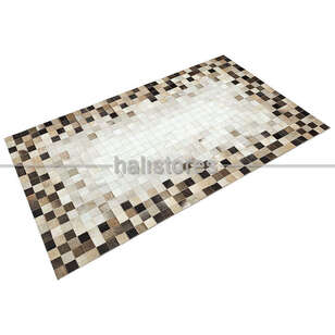 Deri Patchwork Halı Beyaz-Bej Geçişli (2)