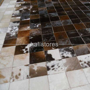 Deri Patchwork Halı Beyaz-Kahve Geçişli (4)