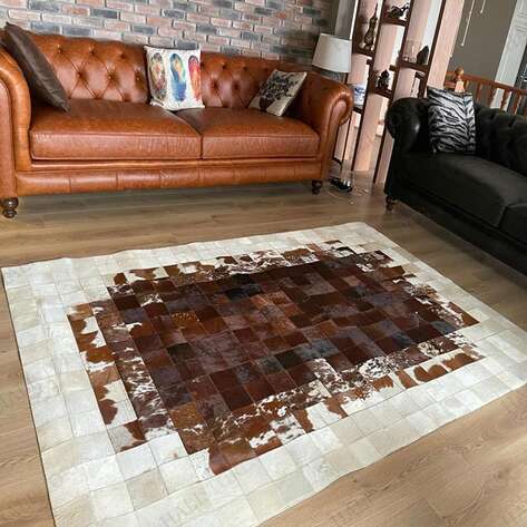 Deri Patchwork Halı Beyaz-Kahve Geçişli - 3