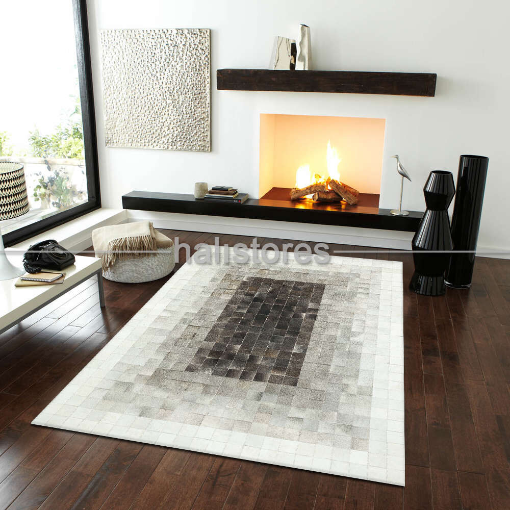 Deri Patchwork Halı Beyaz-Koyu Kahve Geçişli