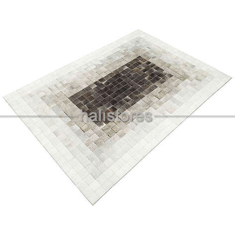 Deri Patchwork Halı Beyaz-Koyu Kahve Geçişli - 3