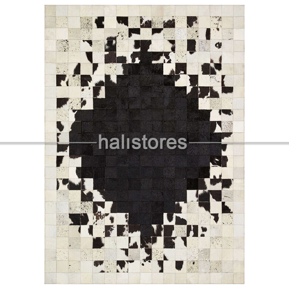 Deri Patchwork Halı Beyaz-Siyah Geçişli