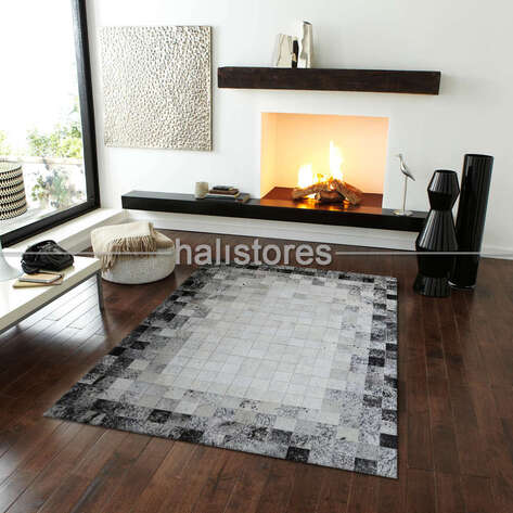 Deri Patchwork Halı Gri-Beyaz Geçişli - 2