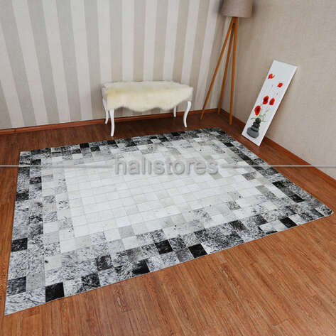 Deri Patchwork Halı Gri-Beyaz Geçişli - 3
