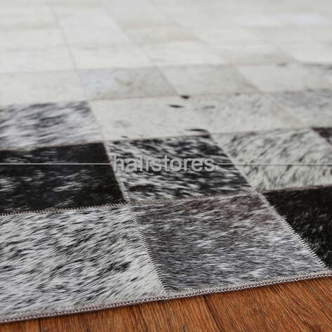 Deri Patchwork Halı Gri-Beyaz Geçişli - 6