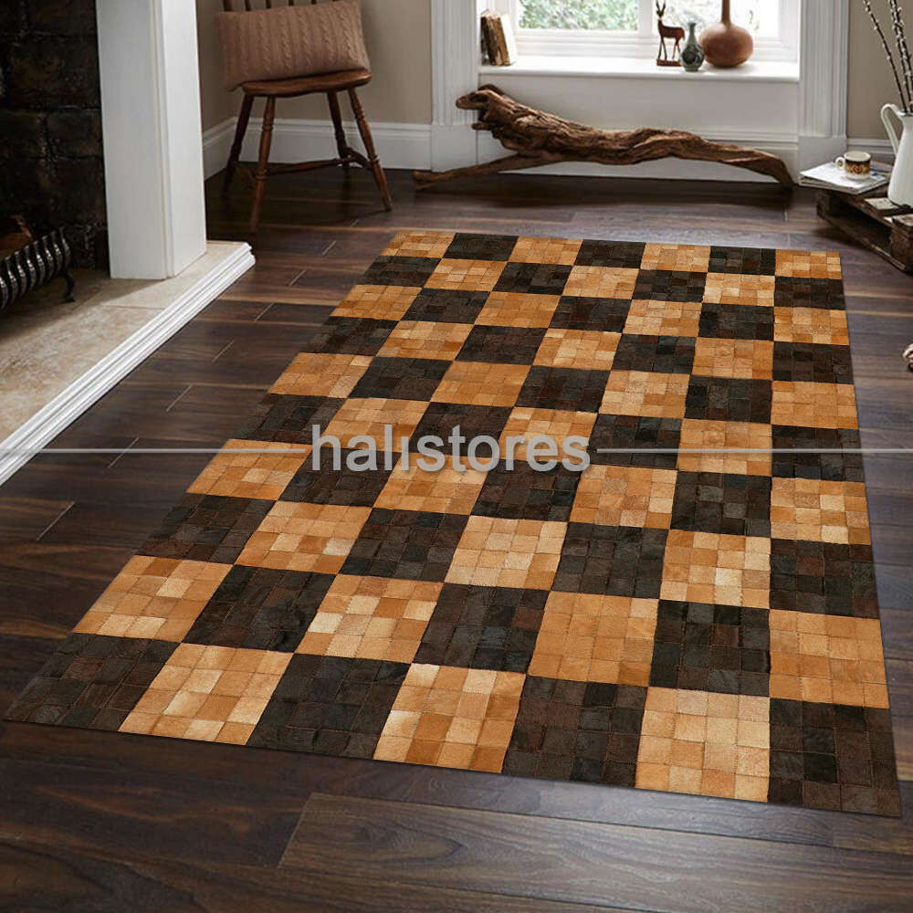 Deri Patchwork Halı Kahve
