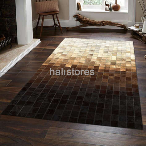 Deri Patchwork Halı Kahve Geçişli - 1