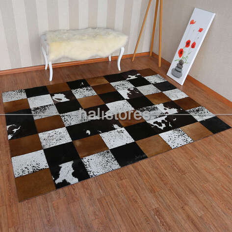 Deri Patchwork Halı Kahve-Krem - 2