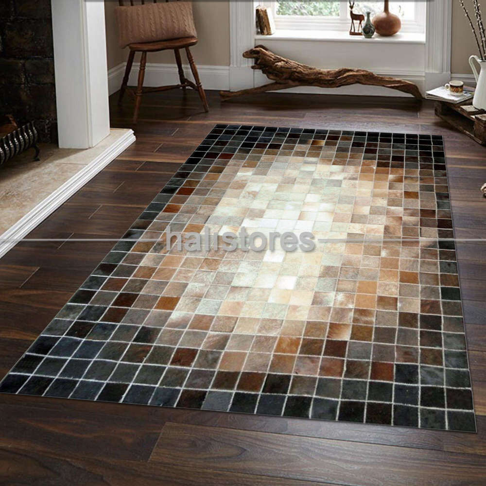 Deri Patchwork Halı Kahve-Krem Geçişli