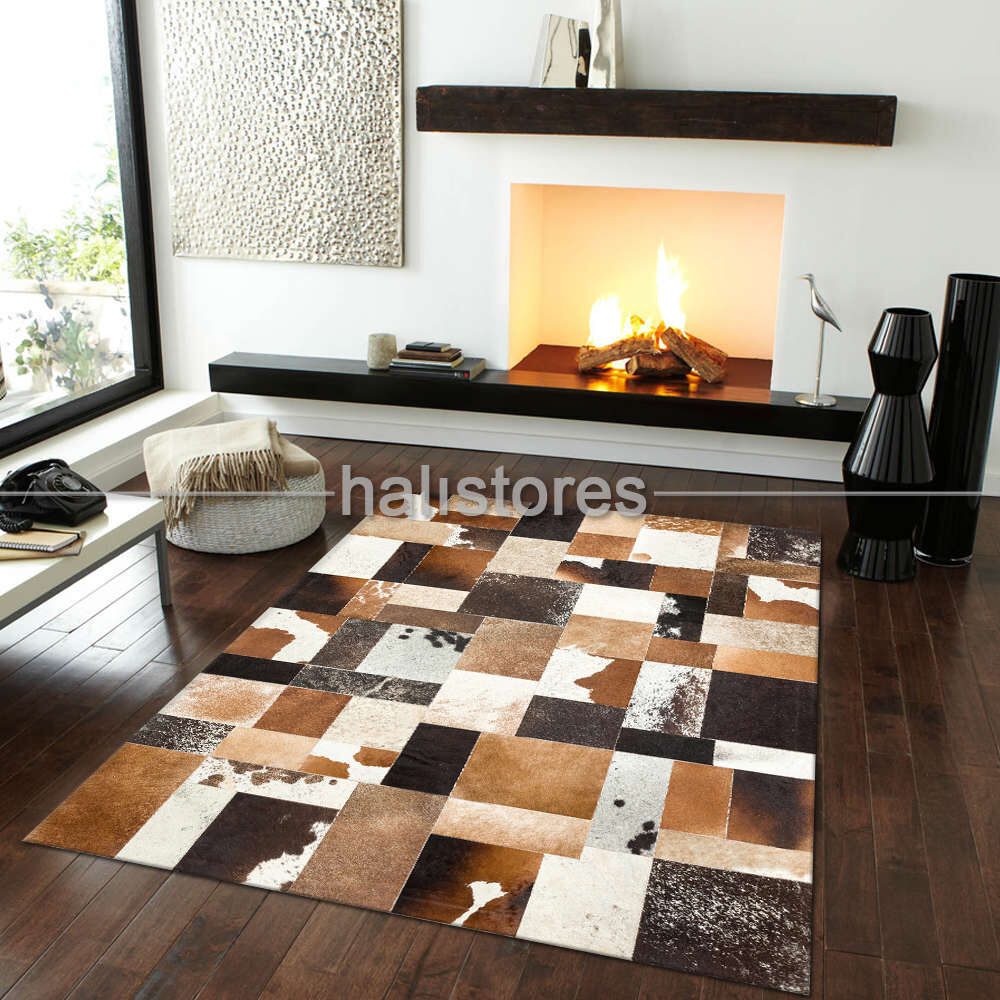 Deri Patchwork Halı Kahve Renkli