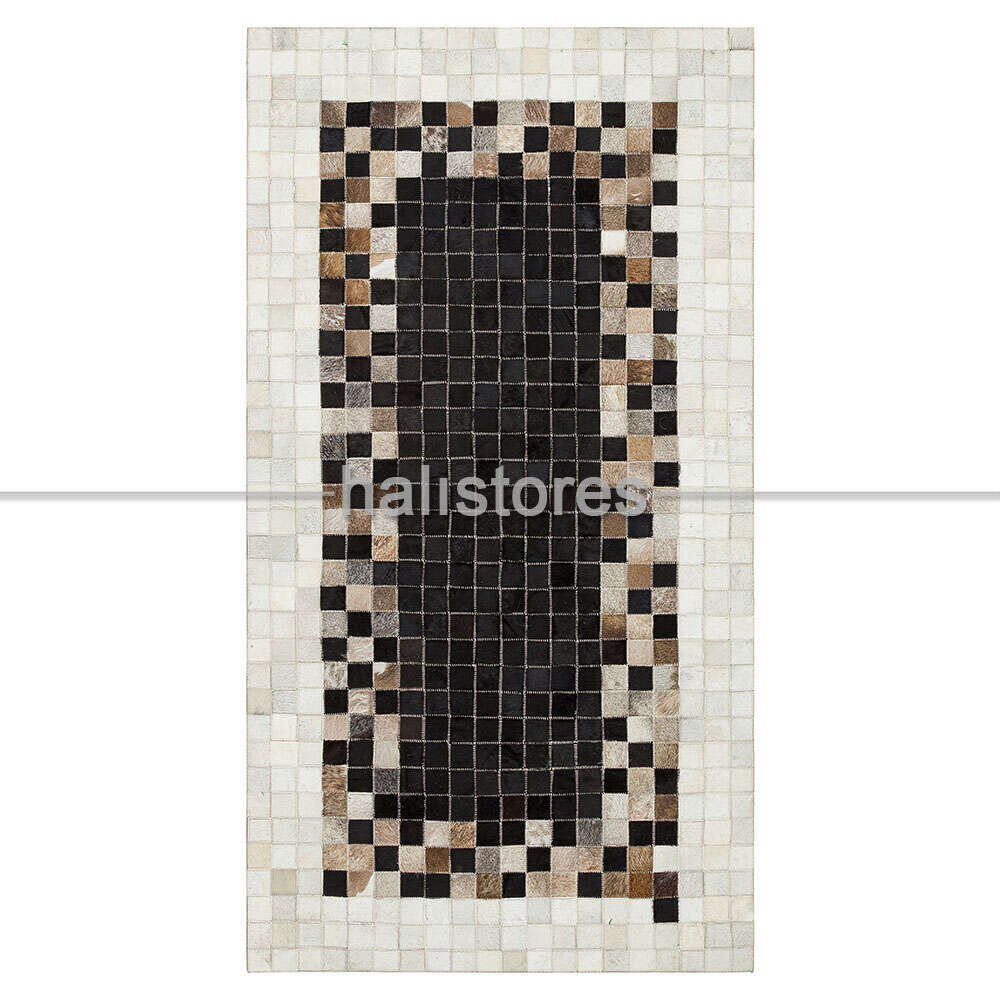 Deri Patchwork Halı Kahve-Siyah Geçişli