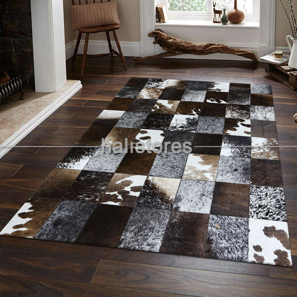 Deri Patchwork Halı Koyu Kahve