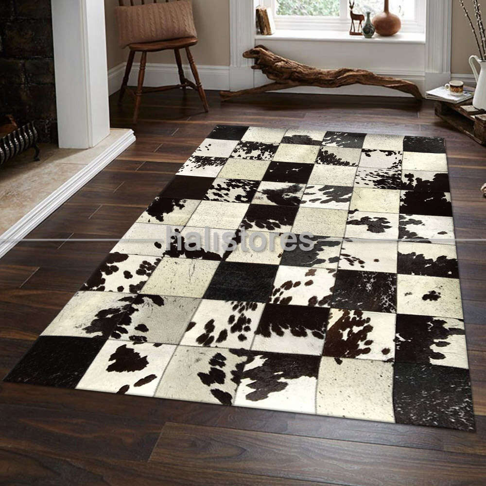 Deri Patchwork Halı Koyu Kahve-Krem
