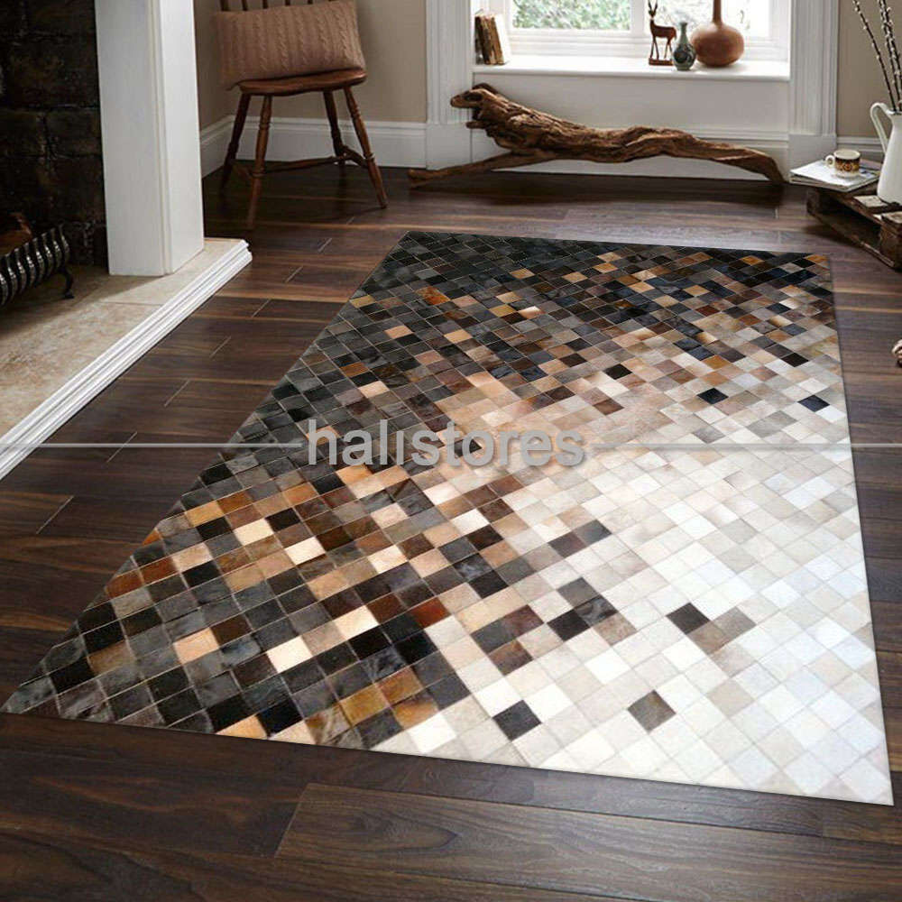 Deri Patchwork Halı Koyu Kahve-Krem Geçişli