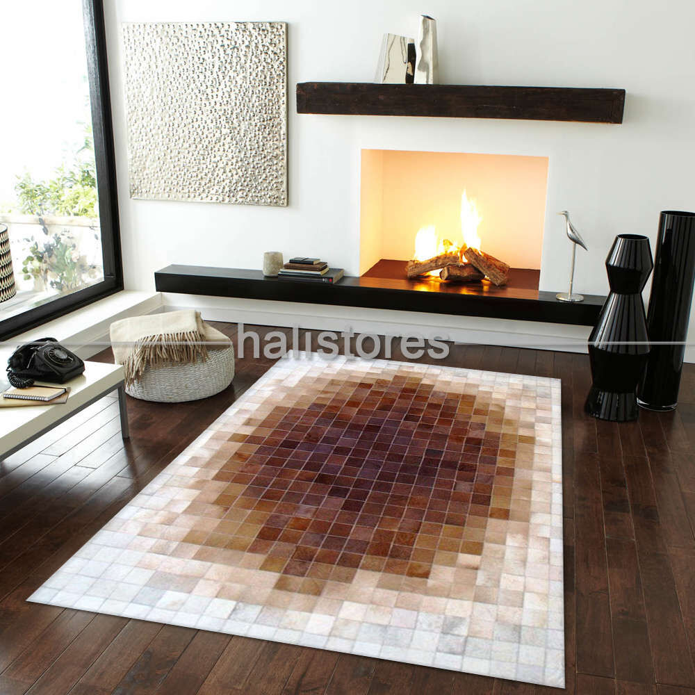 Deri Patchwork Halı Krem-Açık Kahve Geçişli